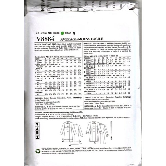 Vogue V8884 Misses 14 to 22 Casual Belted Car Coat Uncut Sewing Pattern - Picture 2 of 2